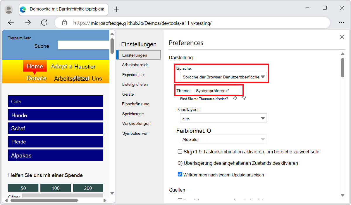 Alle Einstellungen in DevTools