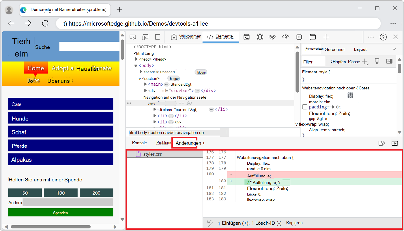 DevTools mit geöffnetem Änderungstool im Bereich 