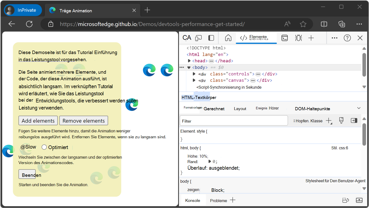 Die Demo auf der linken Seite und DevTools auf der rechten Seite
