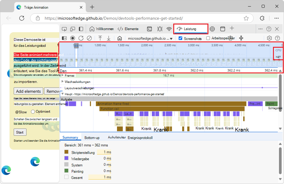 Übersicht über die Zeitachse unter der Aktionsleiste