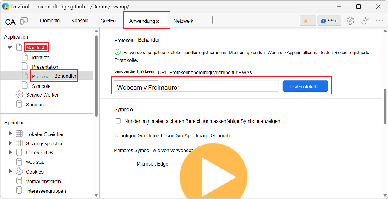 Testen des benutzerdefinierten Web+amp-Protokolls über das Anwendungstool