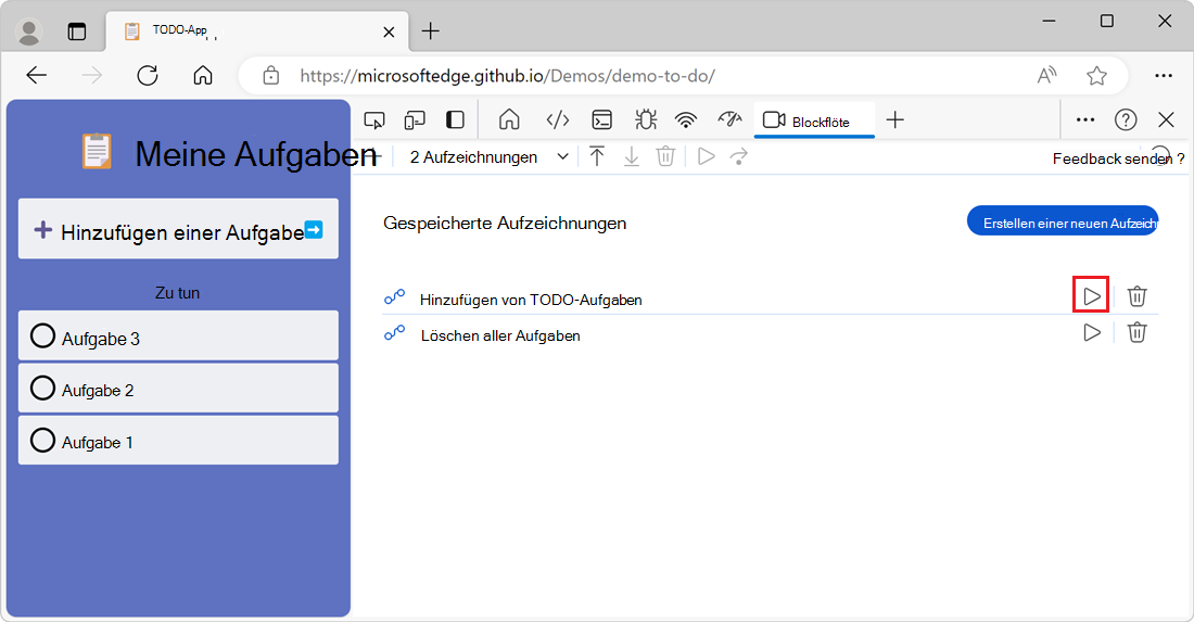 Die Liste der Aufzeichnungen mit der Schaltfläche 
