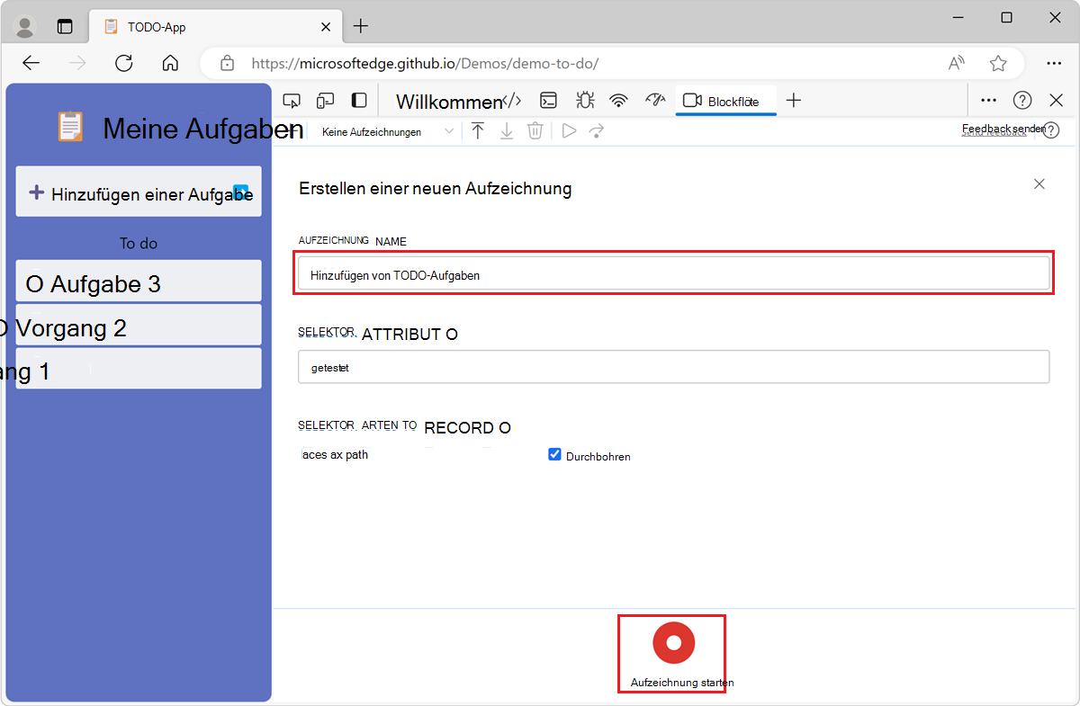 Der Aufzeichnungsname und die Schaltfläche 