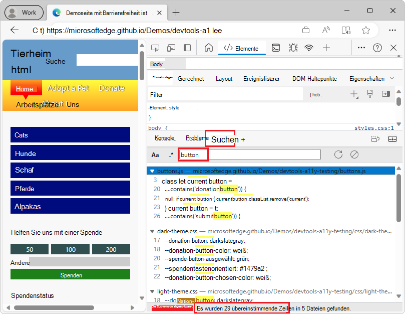 Im Suchtool angezeigte Suchergebnisse mit gelb hervorgehobenem übereinstimmendem Text