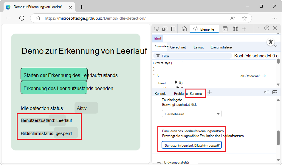 Auswählen eines Leerlaufs und gesperrten Zustands auf einer Demoseite