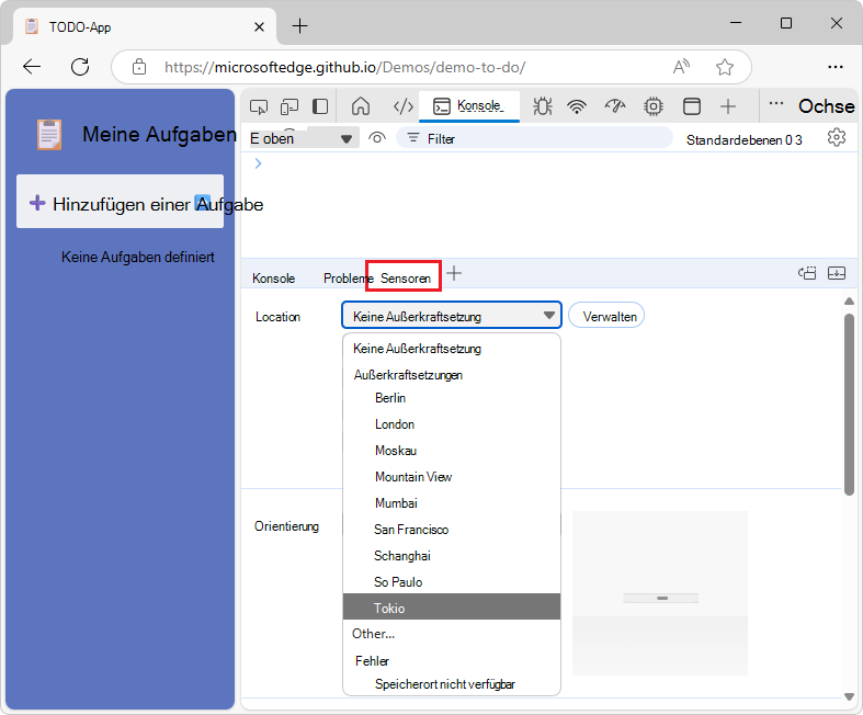 Auswählen von Tokio aus der Liste 