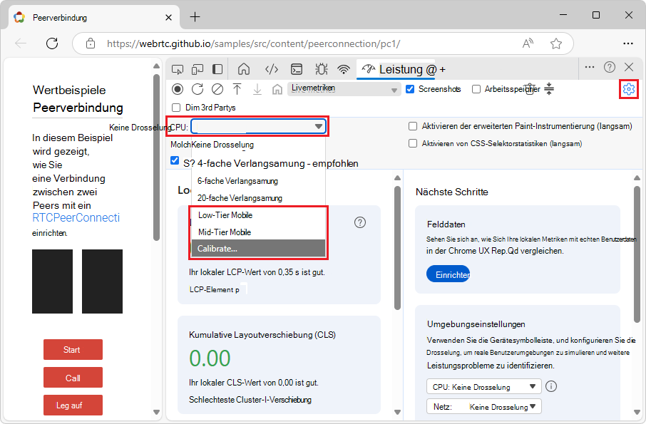 Dropdownmenü zur CPU-Drosselung vor der Kalibrierung
