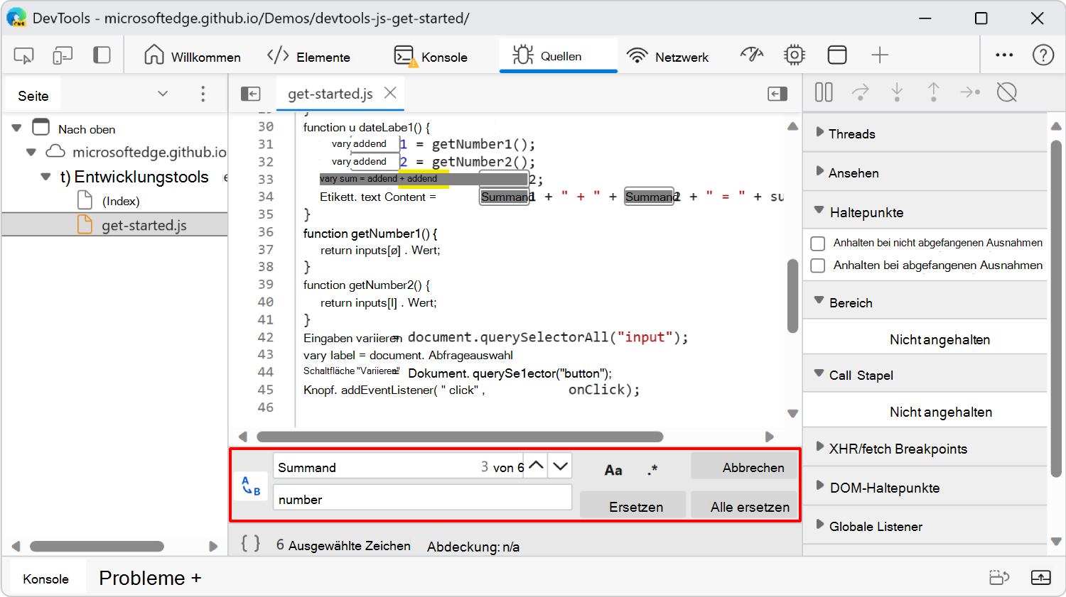 Suchen und Ersetzen im Bereich Editor des Quellentools