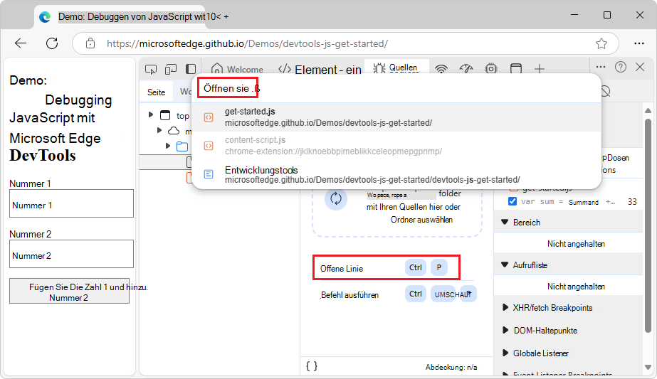 Öffnen einer Datei über das Befehlsmenü
