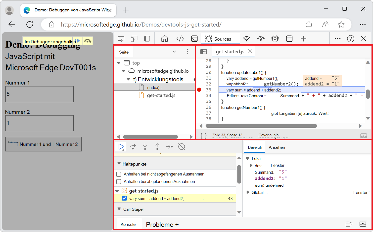Die Bereiche des Quellentools im schmalen Layout