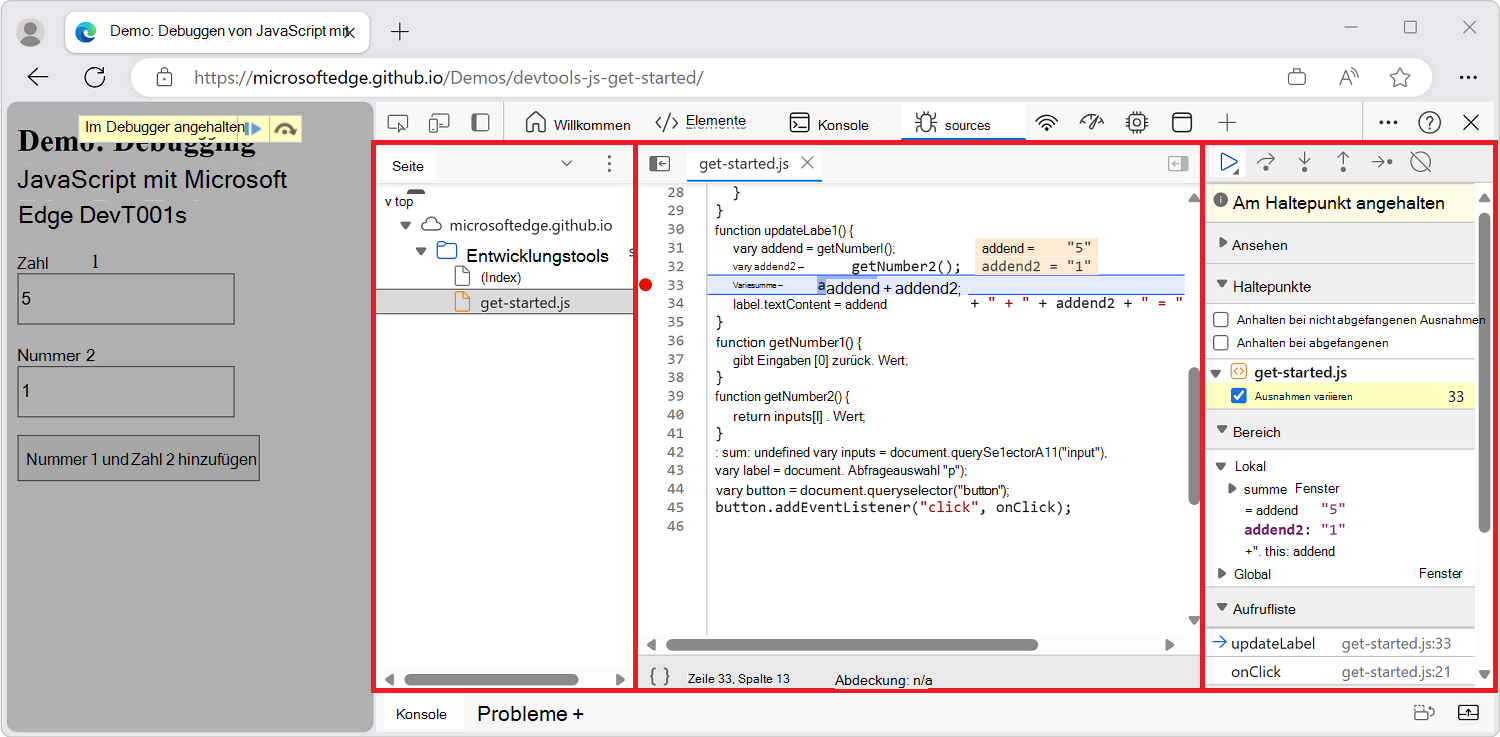 Navigieren, Anzeigen, Bearbeiten und Debuggen von JavaScript, das vom Server zurückgegeben wird