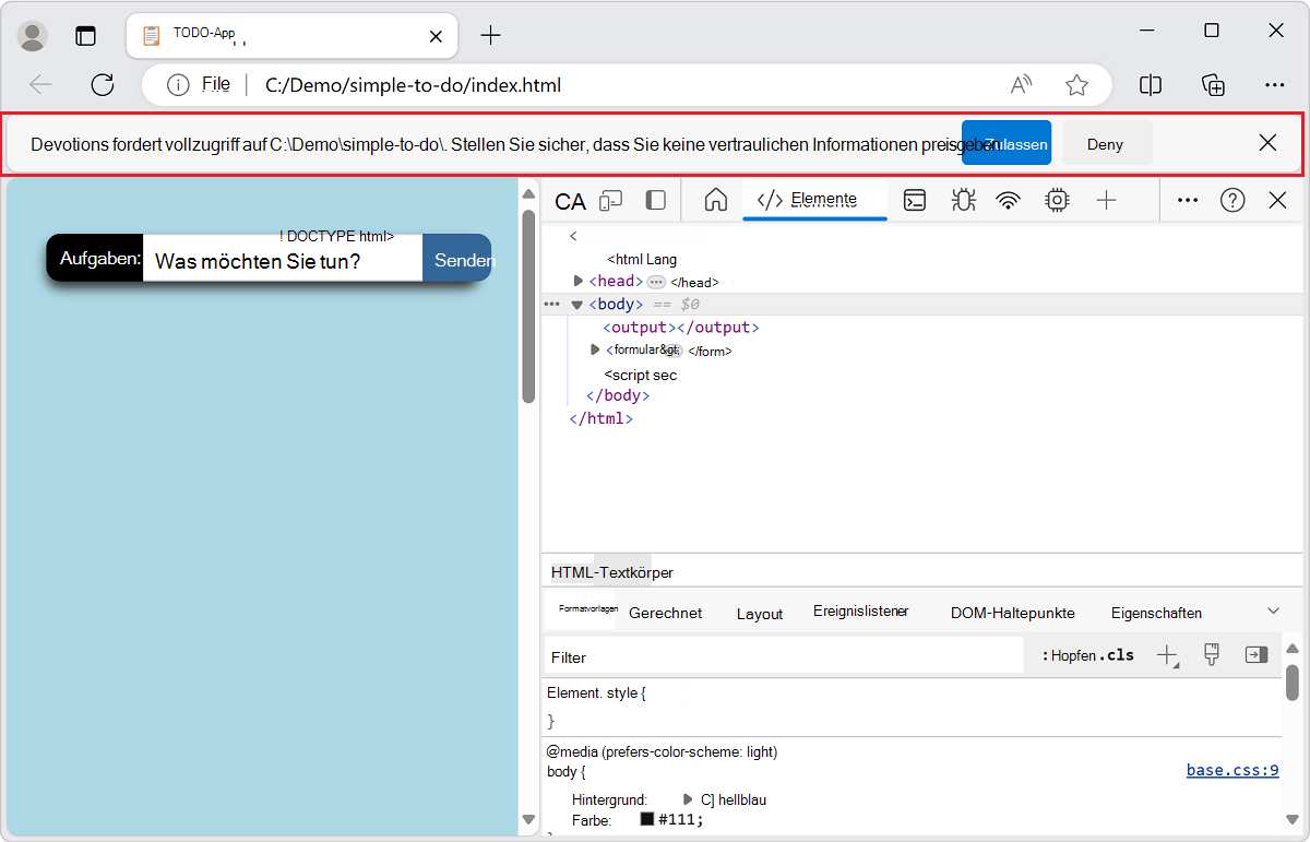 DevTools: Anfordern von Zugriff auf den Ordner