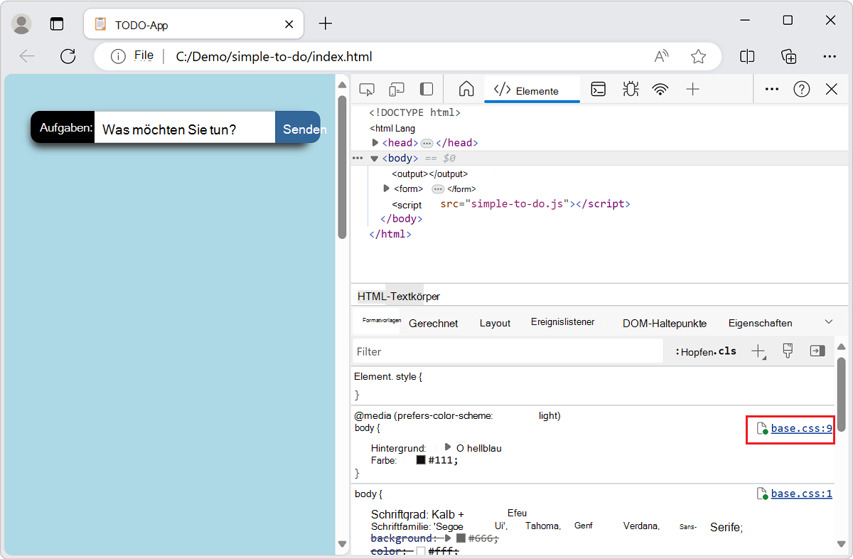 Durch Auswählen eines Dateilinks im Formatvorlagentool wird die Datei in Visual Studio Code geöffnet.