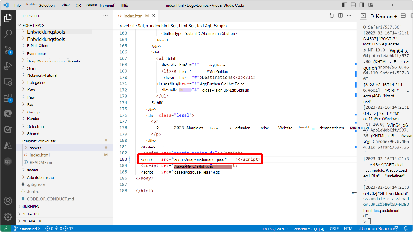 Visual Studio Code mit dem index.html Code und dem neuen On-Demand-Kartenskripttag
