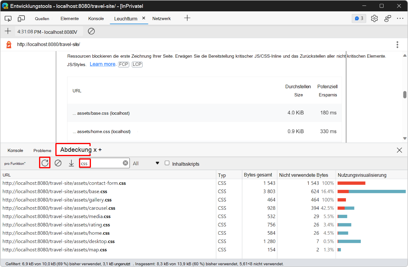 Der neue Abdeckungsbericht, der jetzt die CSS-Dateien anzeigt