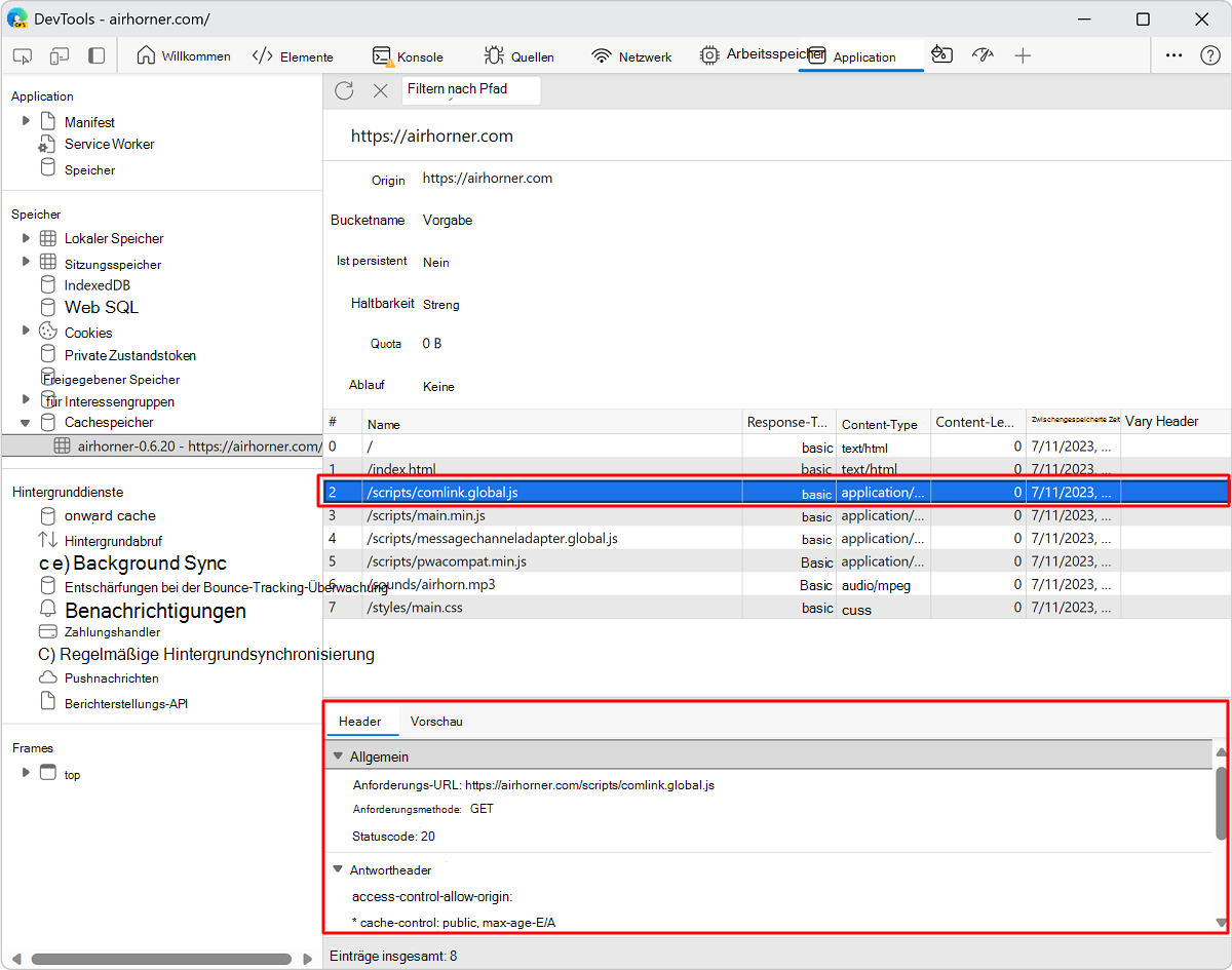 Anzeigen der HTTP-Header einer Ressource