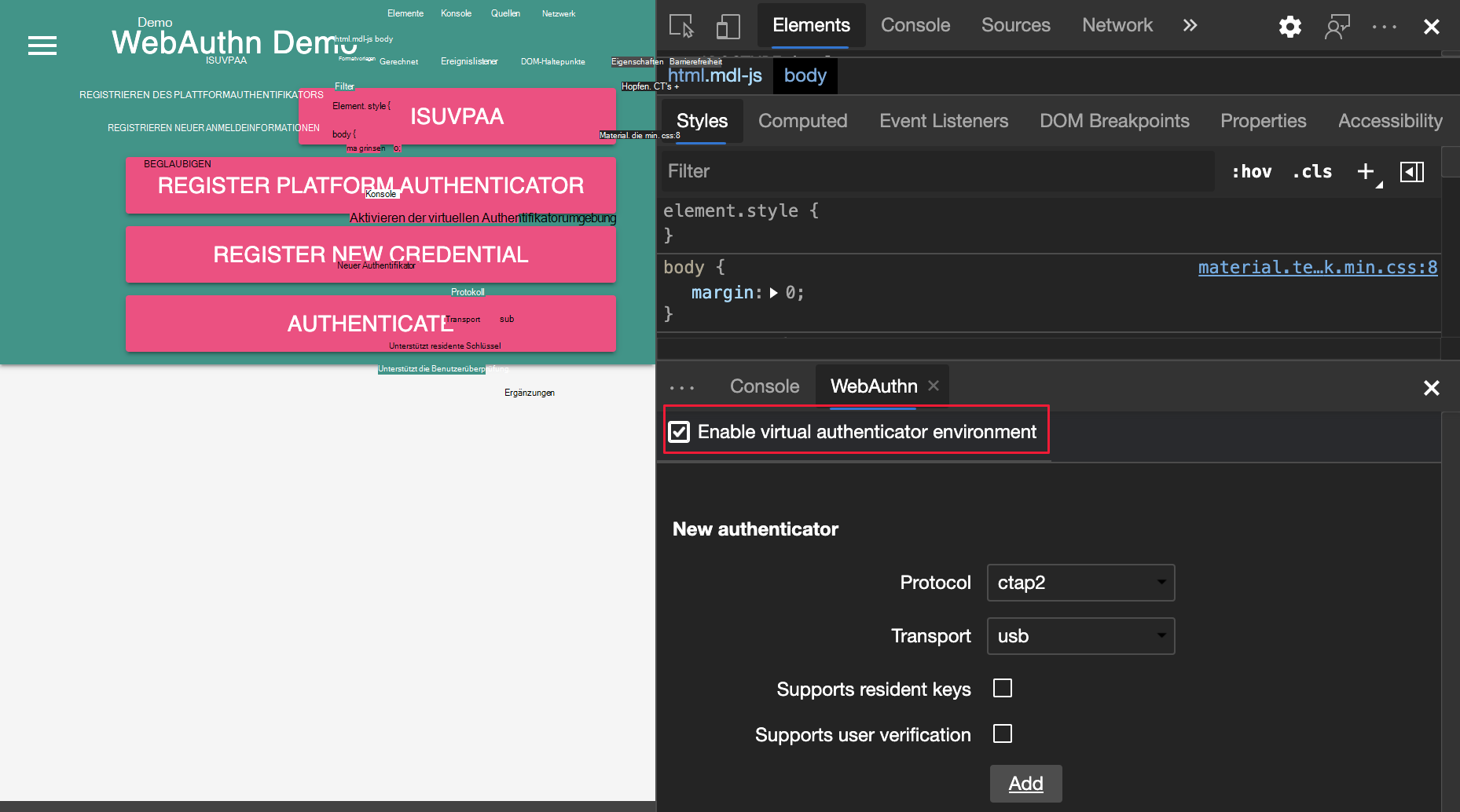 Aktivieren der virtuellen Authentifikatorumgebung