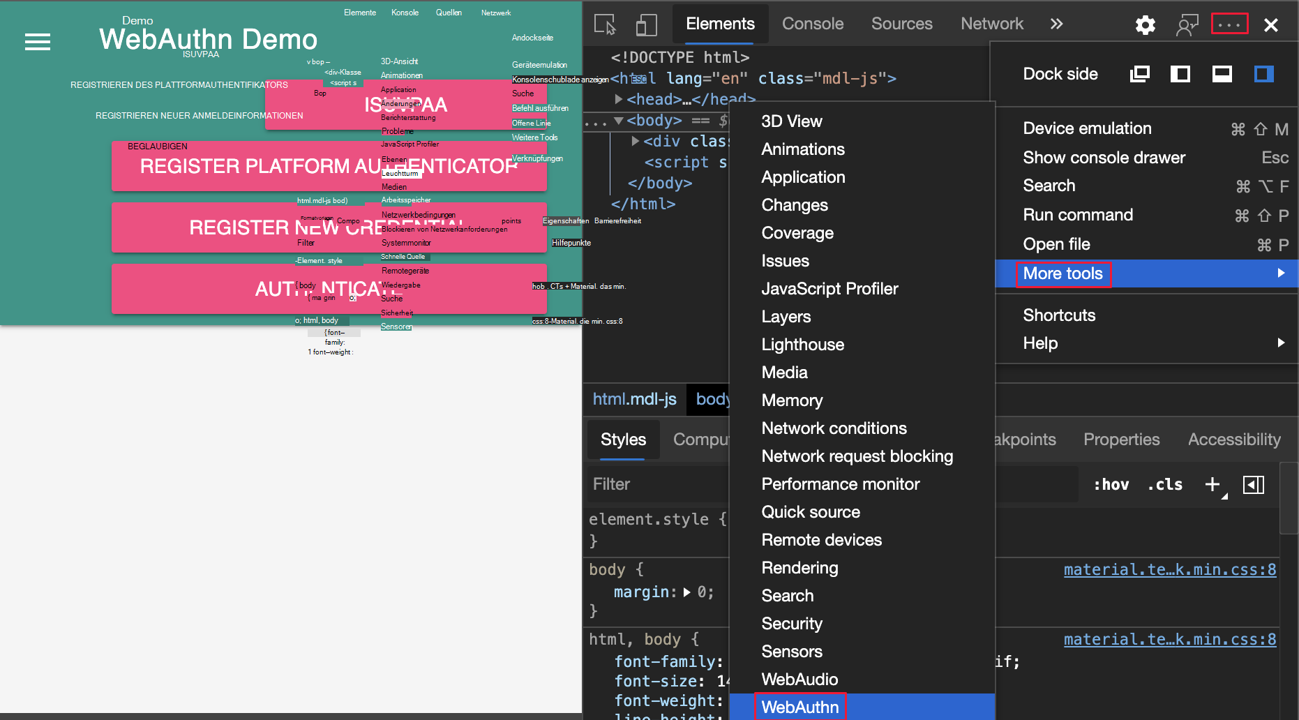 Öffnen des WebAuthn-Tools