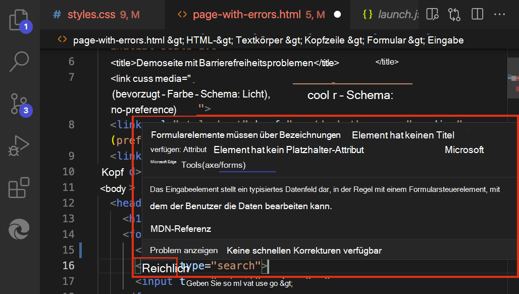 Ein in einem Codeteil gemeldetes Barrierefreiheitsproblem, das zeigt, wie das Problem behoben wird und wo weitere Informationen zu finden sind.