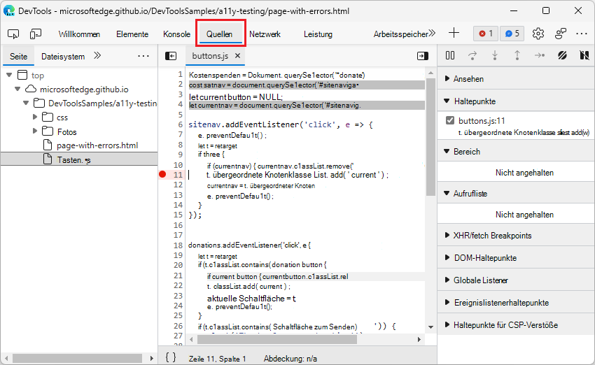 Wenn das Quellentool geöffnet ist, wird das Tool Quellen geöffnet, indem Sie Haltepunkte festlegen oder Dateien öffnen, auch wenn Sie dann das Experiment 