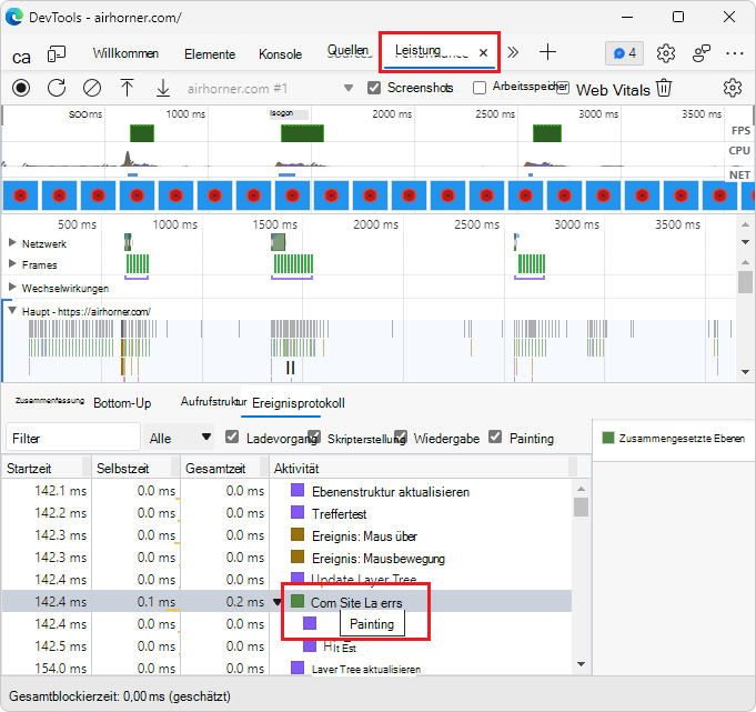 Im Ereignisprotokoll weist das ausgewählte Aktivitätsereignis ein grünes Feld auf, das ein Painting-Ereignis darstellt, und jetzt wird in einer QuickInfo explizit 