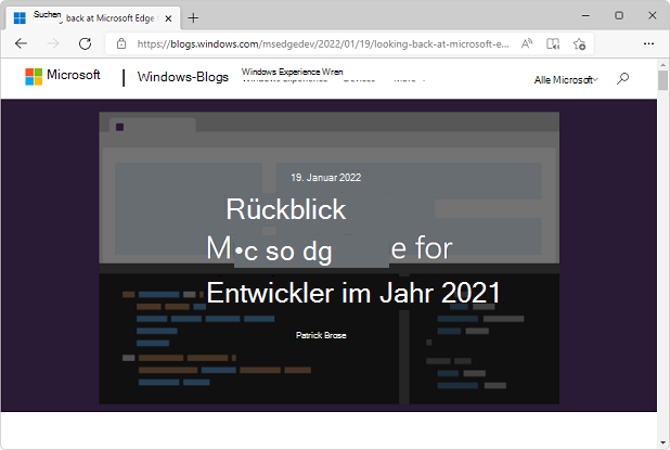 Screenshot des Blogbeitrags: Rückblick auf Microsoft Edge für Entwickler in 2021