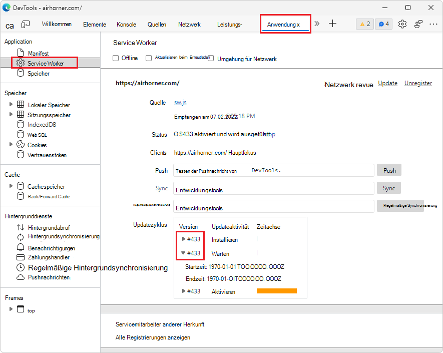 Die Symbole im Abschnitt Service Worker des Anwendungstools sind jetzt ausgerichtet, sodass die Symbole zum Erweitern/Reduzieren jetzt vollständig sichtbar sind.