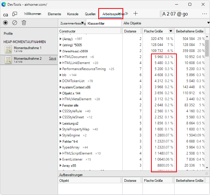 In einem Heap-Momentaufnahme werden die Spaltenwerte für flache Größe zwischen 0 % und 1 % des Heaps jetzt als Dezimalwerte mit einer oder zwei Dezimalstellen angezeigt.