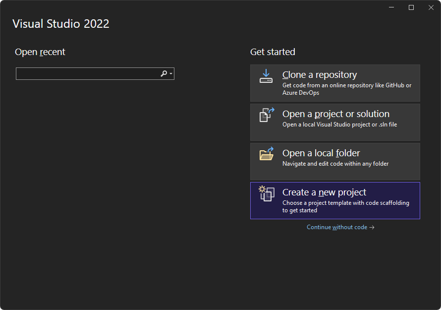 Startbildschirm von Visual Studio: Klicken Sie auf das Karte