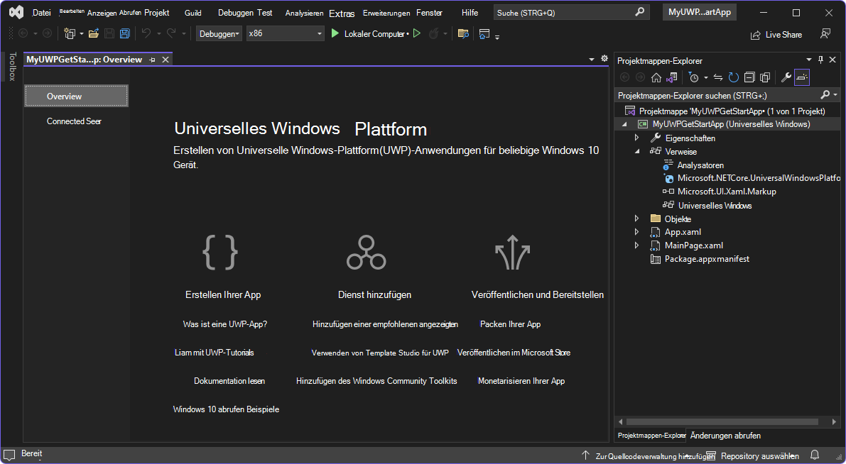 Visual Studio mit dem neu erstellten WinUI 2-Projekt (UWP)