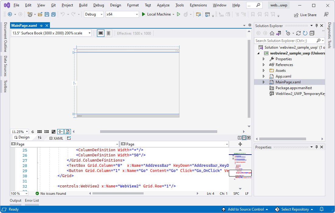 Das in Visual Studio in Projektmappen-Explorer geöffnete webview2_sample_uwp-Beispiel