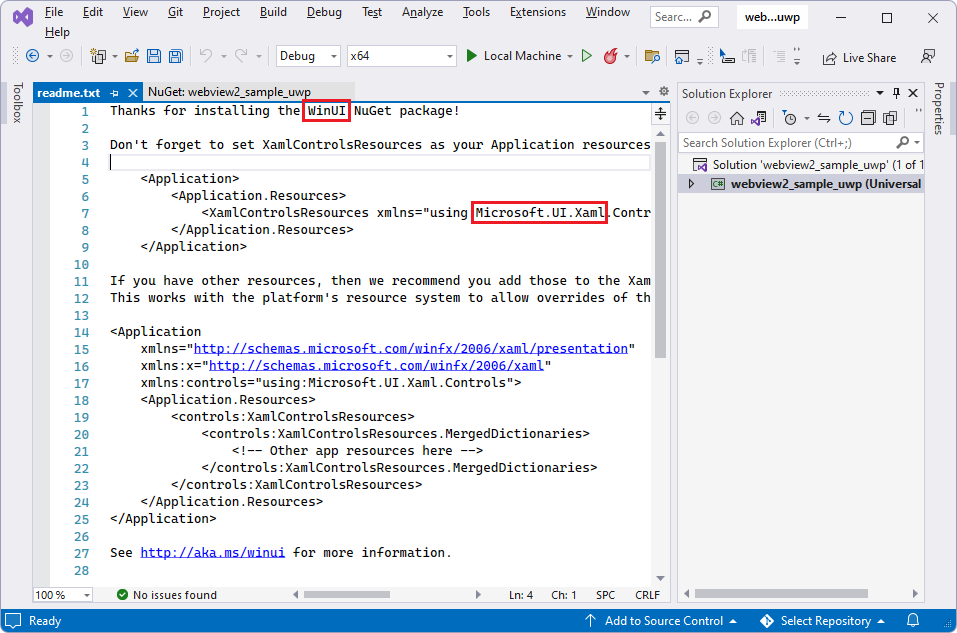 Die readme.txt-Datei nach der Installation des Microsoft.UI.Xaml-Pakets meldet, dass Sie das WinUI-NuGet-Paket installiert haben.