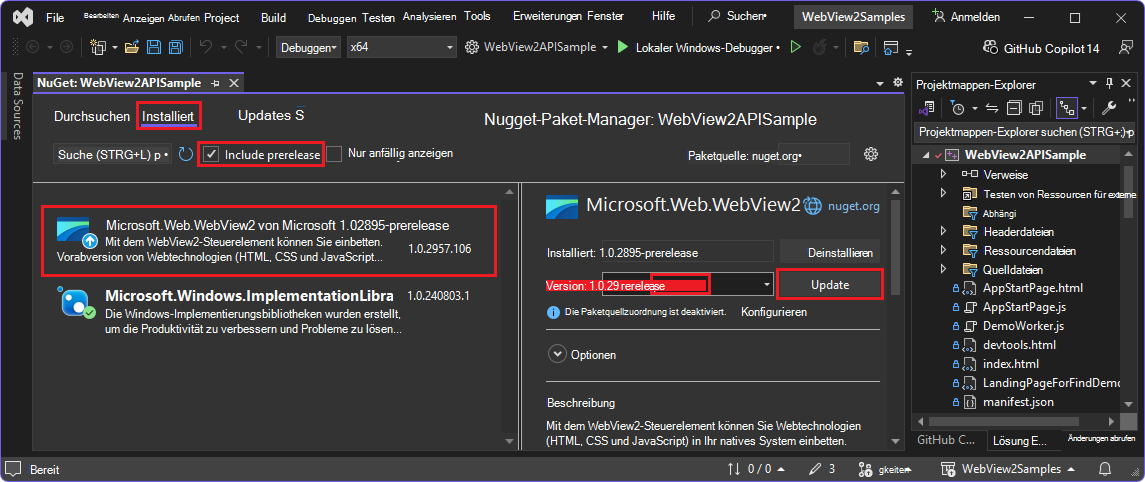 NuGet-Paket-Manager mit ausgewählter WebView2 SDK-Vorabversion