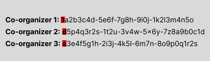 Screenshot der Objekt-IDs von drei Organisatoren. Die Objekt-ID des ersten Organisators beginnt mit der Zahl 1, das erste Zeichen in der Objekt-ID des zweiten Organisators ist der Buchstabe d, und das erste Zeichen in der Objekt-ID des dritten Organisators ist der Buchstabe a.