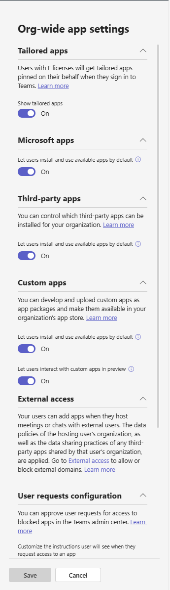 Screenshot der organisationsweiten App-Einstellungen mit Umschaltfläche für Drittanbieter-Apps auf der Seite 