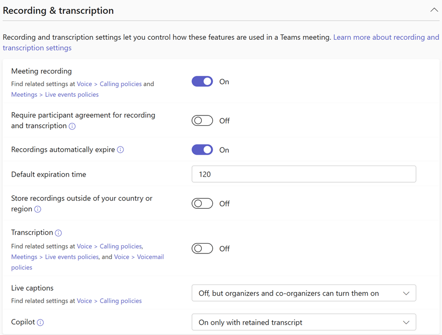 Screenshot: Aufzeichnung von Teams-Besprechungen & Transkriptionsrichtlinien im Teams Admin Center