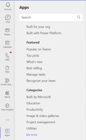 Screenshot, der alle Orte zeigt, an denen Benutzer Apps in Microsoft Teams durchsuchen können.