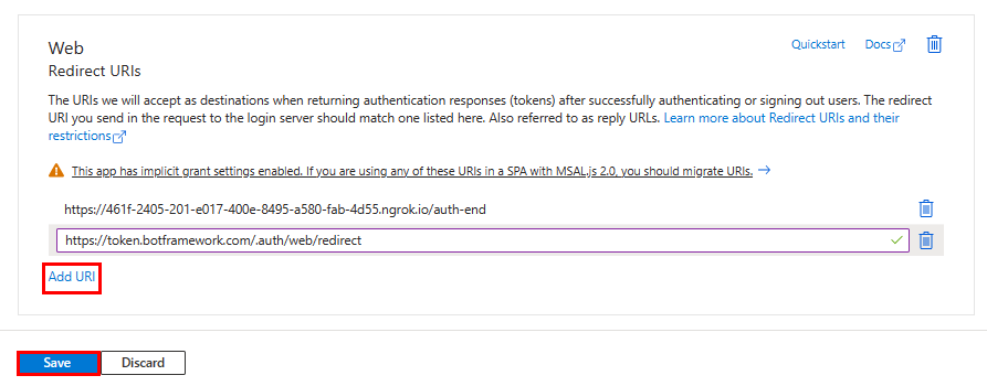 Screenshot: Option zum Hinzufügen des Umleitungs-URI und auswählen von impliziter Genehmigung und Hybridflows