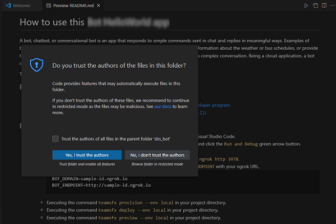 Screenshot: Dialogfeld zum Vertrauen in die Autoren der Dateien in diesem Ordner.