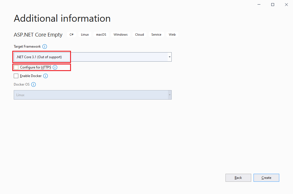 Screenshot of creating aspnetcore project using vs 2019 targeting net core 3.1 framework additional info