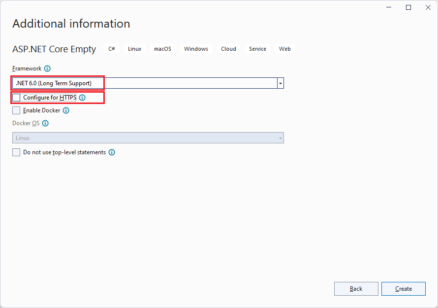 Screenshot of creating aspnetcore project using vs 2022 targeting net core 6.0 framework additional info