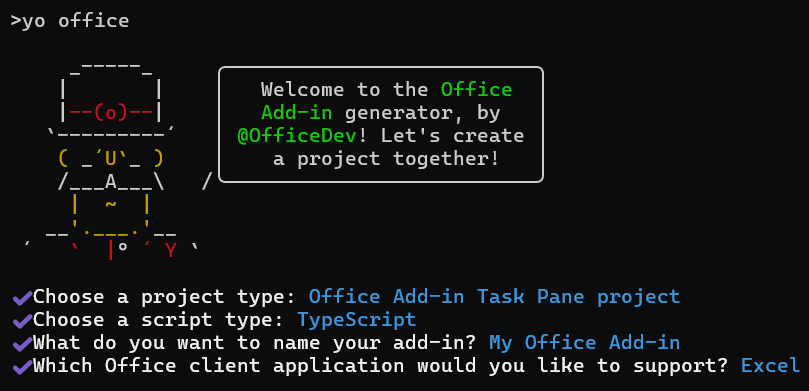 Die Befehlszeilenschnittstelle des Yeoman-Generators für Office-Add-Ins, wenn das reine Add-In-Manifest ausgewählt ist.