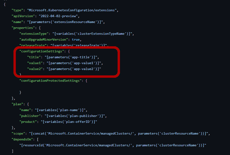 Screenshot des in diesem Artikel verknüpften Azure Resource Manager-Vorlagenbeispiels. Unter „configurationSettings“ werden die Parameter für Anwendungstitel, „value1“ und „value2“, angezeigt.