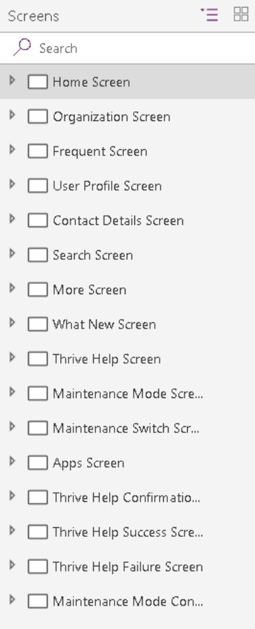 Screenshot einer Liste mit Bildschirmnamen, die dem beschriebenen Muster folgen.