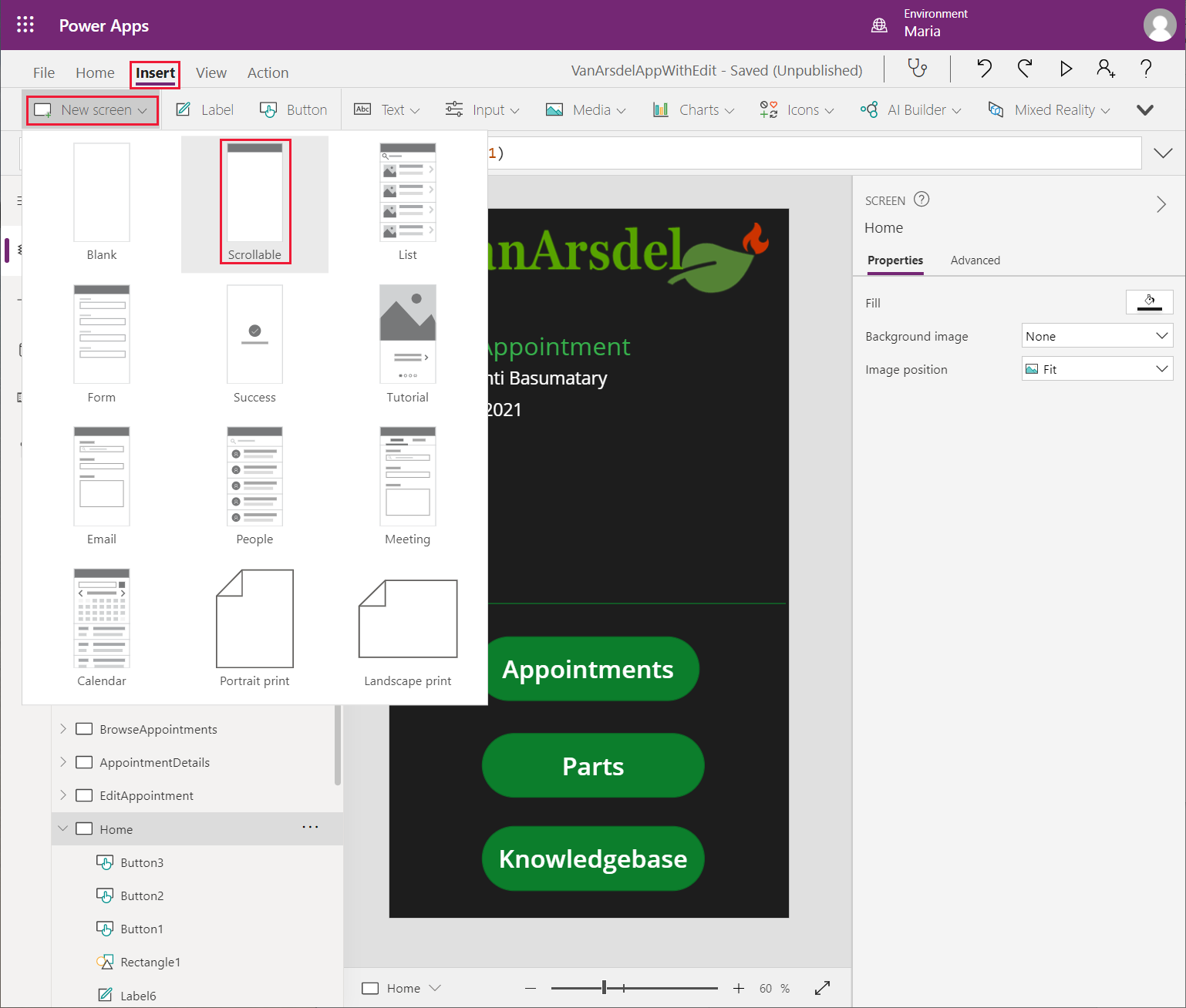 Neuer Bildschirm basierend auf der Scrollbar-Vorlage.