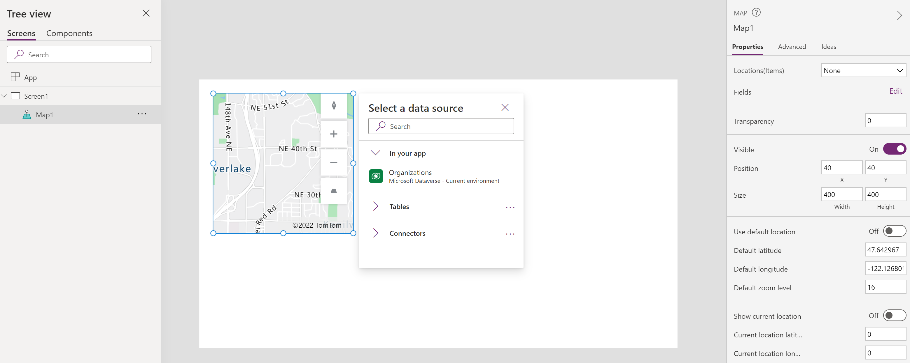 Screenshot einer Tablet-App, in der ein Kartensteuerelement in Microsoft Power Apps Studio erstellt wird.