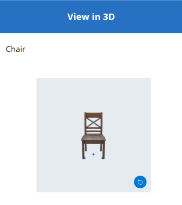 Ein Screenshot einer mobilen App, der ein 3D-Modell eines Stuhls zeigt, wobei vier blaue Kreise die Positionen der Stecknadeln markieren.