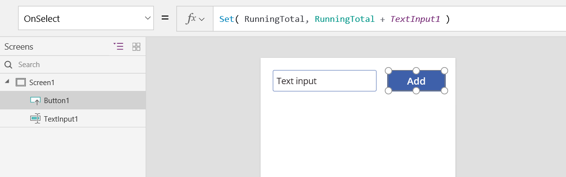 Die OnSelect-Eigenschaft der Schaltfläche „Hinzufügen“ ist auf die Funktion „Set“ gesetzt.