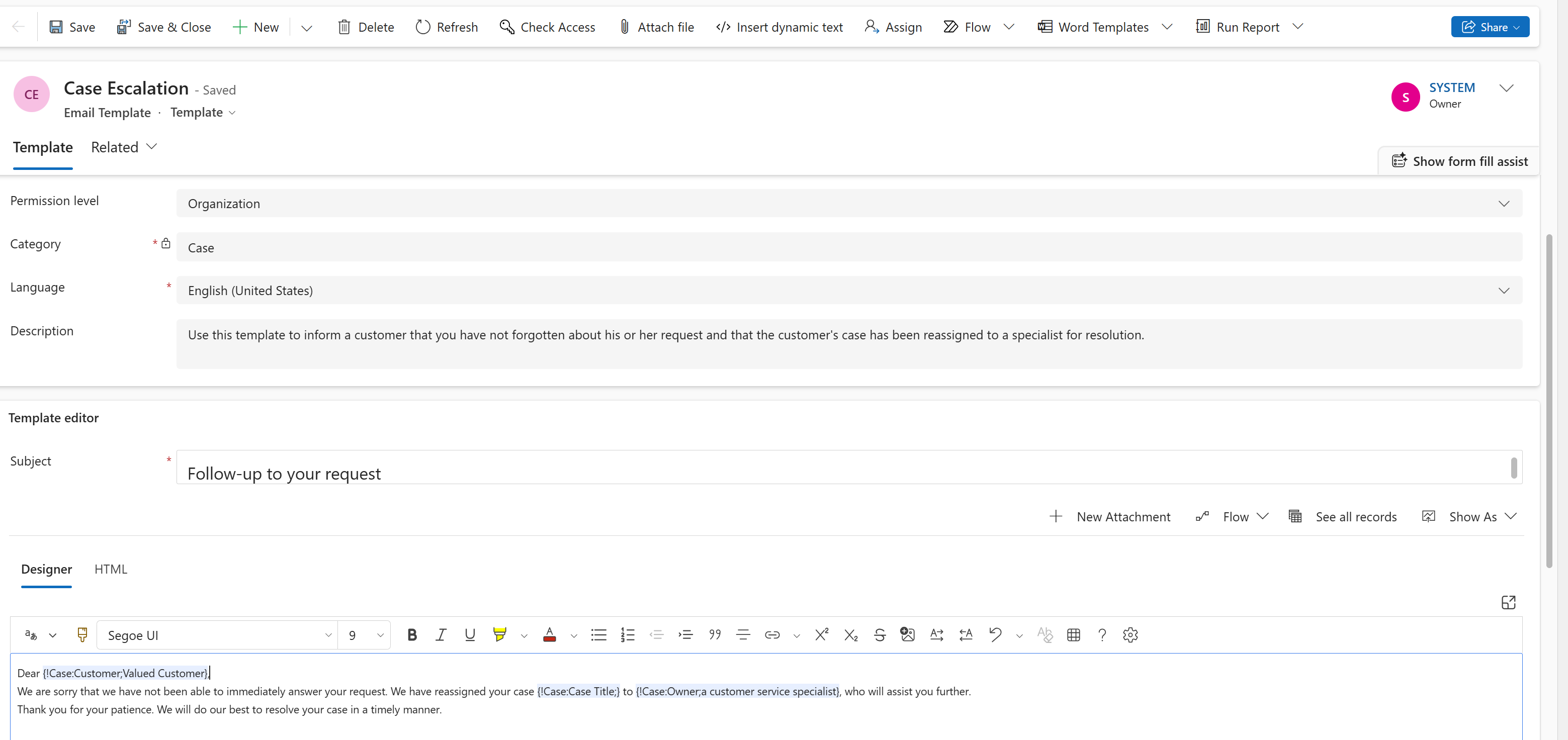 Screenshot des erweiterten E-Mail-Vorlageneditors mit einer zur Bearbeitung geöffneten leeren Vorlage.