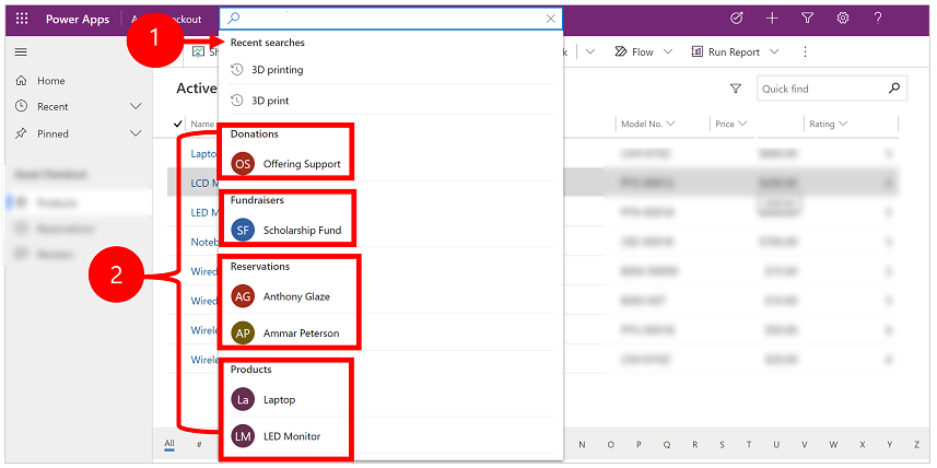 Screenshot des Such-Flyoutfensters von Dataverse.